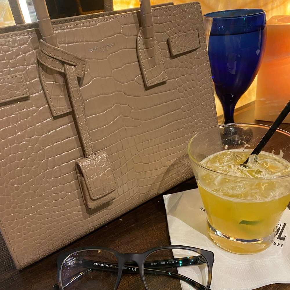 Saint Laurent Taupe Croc-Embossed Satchel